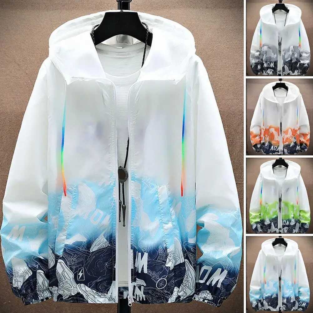 Men Sun Protection Clothing Hooded Long Sleeve Pockets Sunscreen Jacket Zipper Placket Shoes Print Quick Drying WindbreakerXJ241017