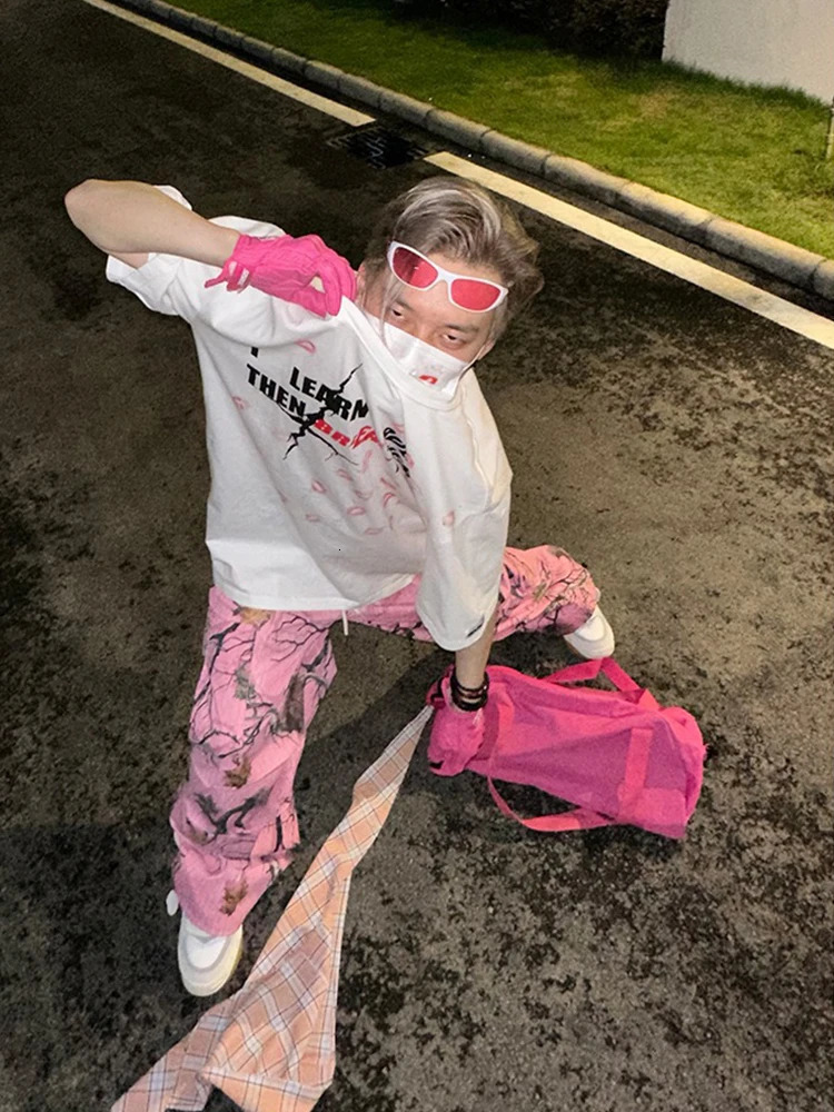 Mens Clothing Vintage Graffiti Casual Pants Mens And Womens SpringAutumn Loose Pink Camouflage Print Straight Leg Overalls 241017