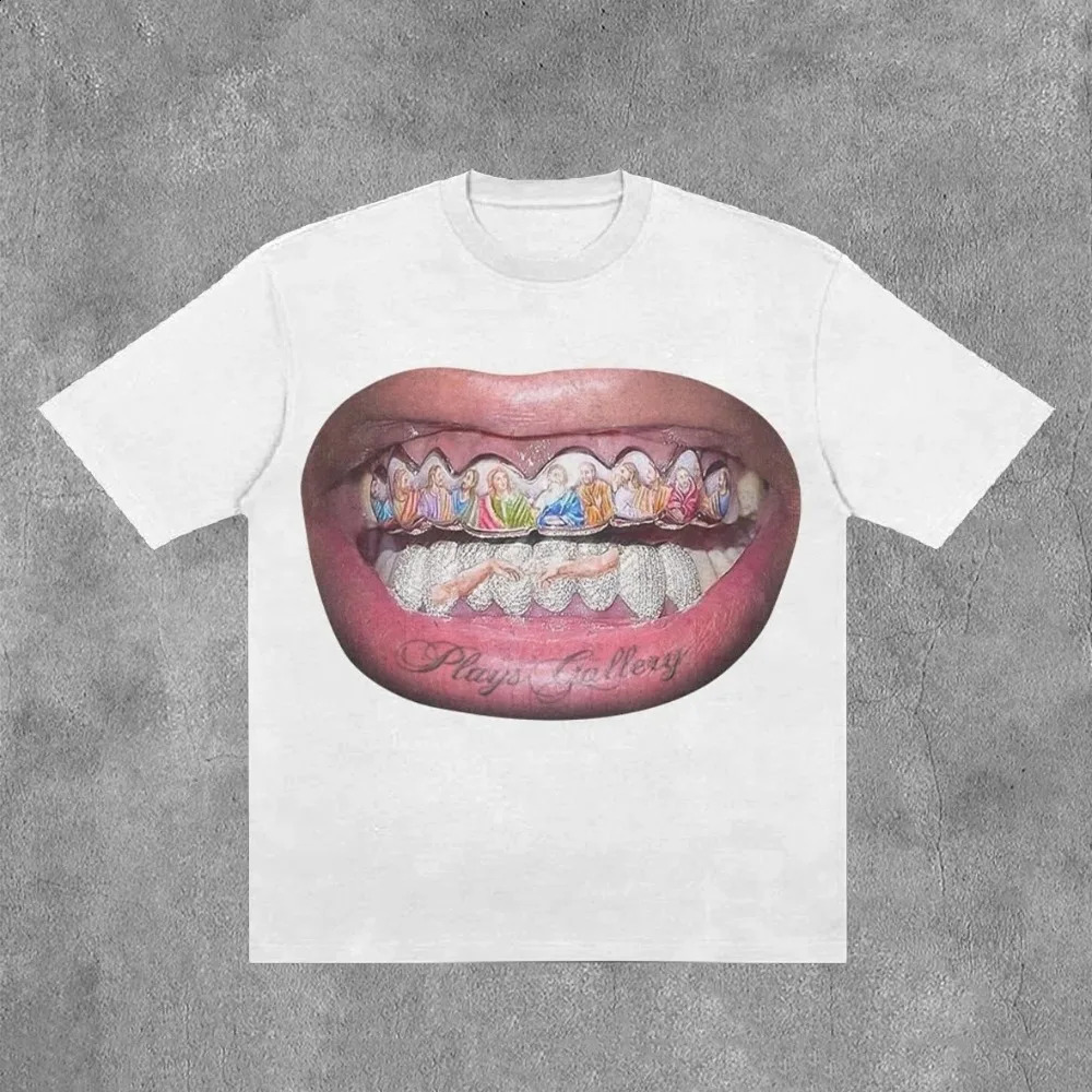 T Shirt Y2K Hip Hop Teeth Letter Graphic Print Oversized TShirt Mens Womens Harajuku Gothic Round Neck Cotton Short Sleeve Tops 241017