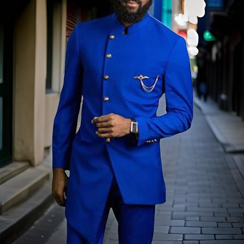 Formal Men Suits Slim Fit with Mandarin Stand Collar Royal Blue Wedding Tuxedos 2 Pieces Jacket Pants Male Fashion Groomsmen Wear