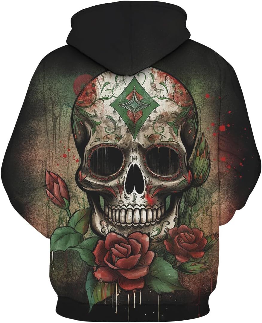 Hoodie for Mens Womens Gothic Colorful Skull Hoodies Rose Skeleton Dark Pattern Hooded Sweatshirts Pullover Graphic Hoodies sweatshirt Fashionable and