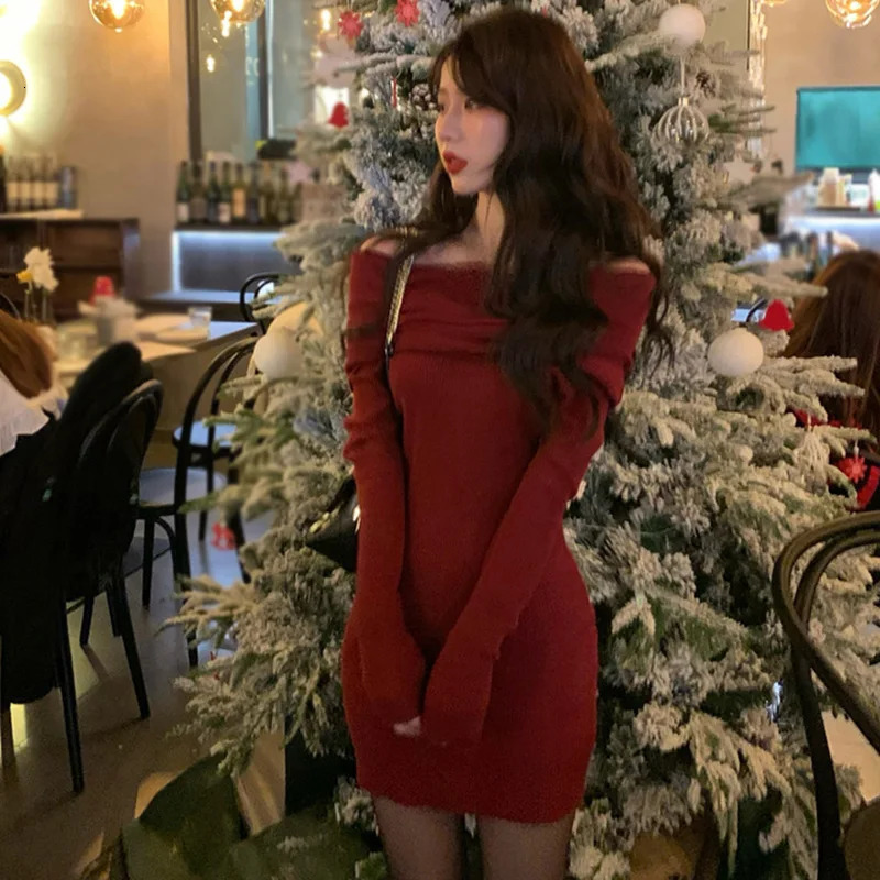 Autumn Winter Christmas Off Shoulder Red Womens Dress Slim Sexy Fashion Temperament Dresses 241017