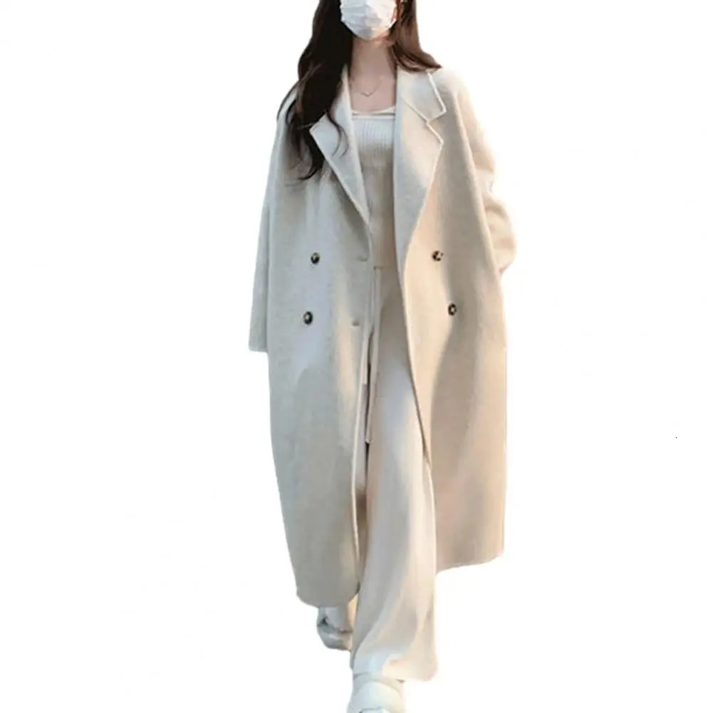 Women Loose Jacket Double-breasted Mid Length Trench Coat for Women Windproof Warm Overcoat with Lapel Pockets Fall Winter 241017