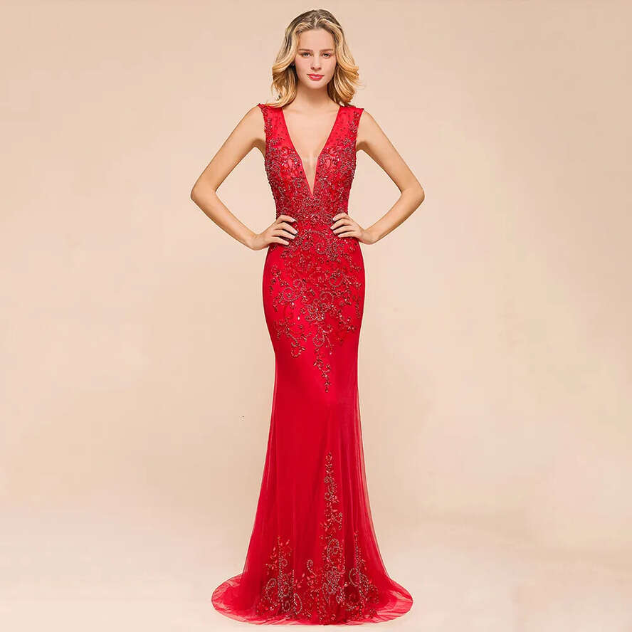 V Deep Red Sexy Neck Mermaid Sleeveless Lace Arabic Long Formal Party Bridesmaids Evening Prom Dresses Gown Bm1811