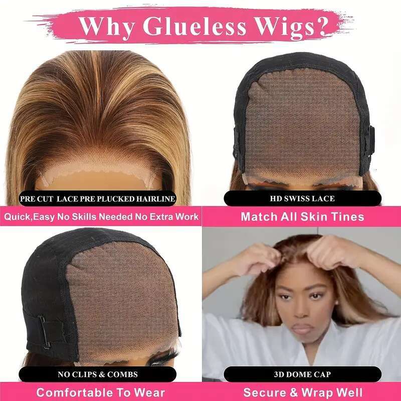 Wear And Go Glueless Ombre Highlight Bob Wig For Women 4X4 Straight Lace Closure Wigs Human Hair