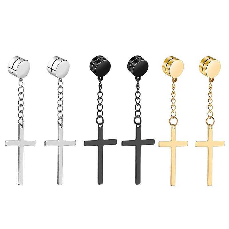 Punk Mens Powerful Magnet Cross Earnail Set with Non Perforated Fake Earnails for Boyfriend and Lover Jewelry W241017