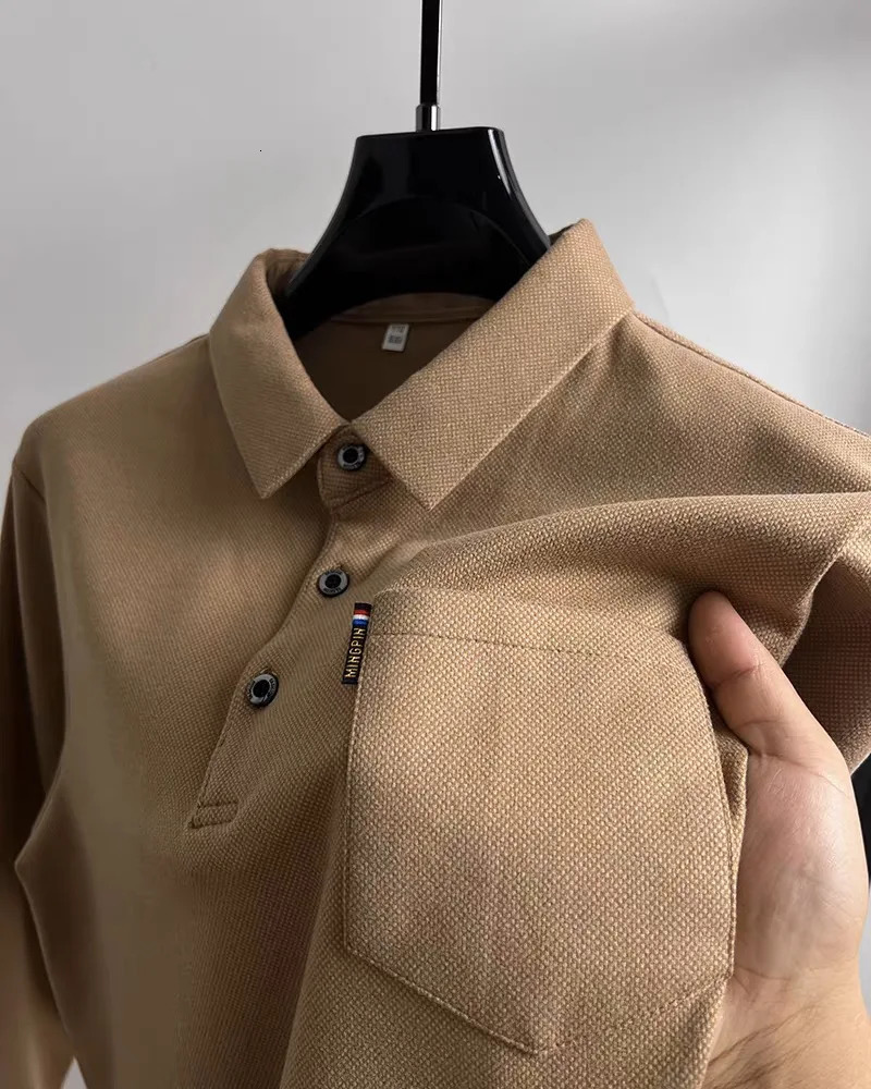 Light high-end brushed long sleeve T-shirt mens autumn fashion pocket thickened shirt collar polo shirt 241017