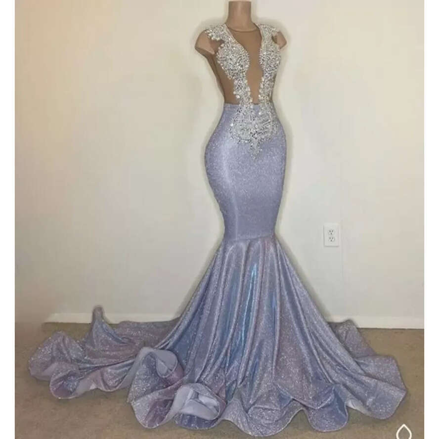 Girl Sequin Black African Sier Prom Dresses 2022 New Sexy Backless Evening Gowns Sparkly Applique Lace Reflective Celebrity Dress Pro232