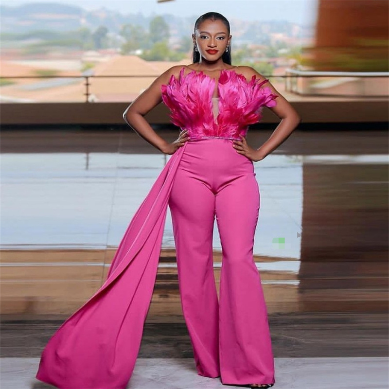 Hot Pink Jumpsuit Prom Dresses With Feather Graceful Pantsuit Formal Evening Dress For Black Girls Elegant African Robe De Mariee Beautiful Birthday P