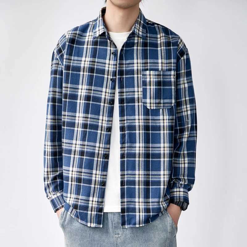 Spring Autumn Turn-down Collar Plaid Button Striped Solid Pockets Cardigan Long Sleeve Shirt Coats Casual Mens Clothing Tops LX241017