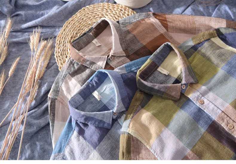 Men Clothing 2022 Simple Plaid Long-sleeved Cotton Linen Shirt Mens Casual Thin Literary Youth Breathable Loose Linen Shirt LX241017