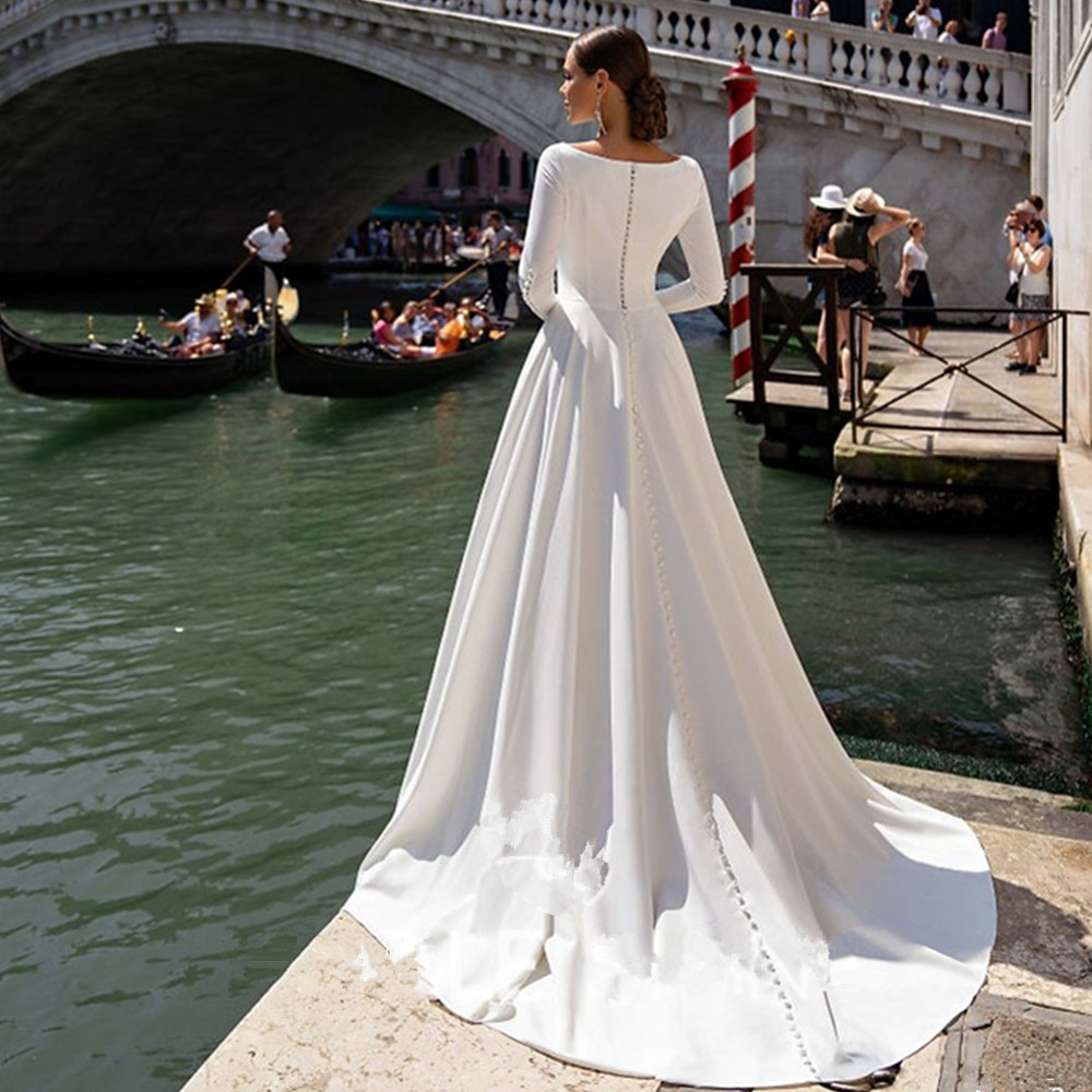 White Long Sleeves Satin Wedding Dresses Custom Made Woman Elegant Muslim Bridal Gowns Vestidos De Novia A-Line Boho Robe Mariee