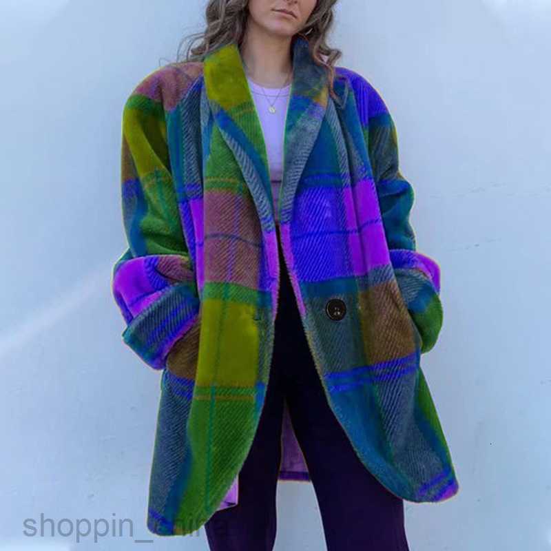Women Jackets Coats autumn women's long sleeved lapel color blocked coat with printed woolen fabric long coat
