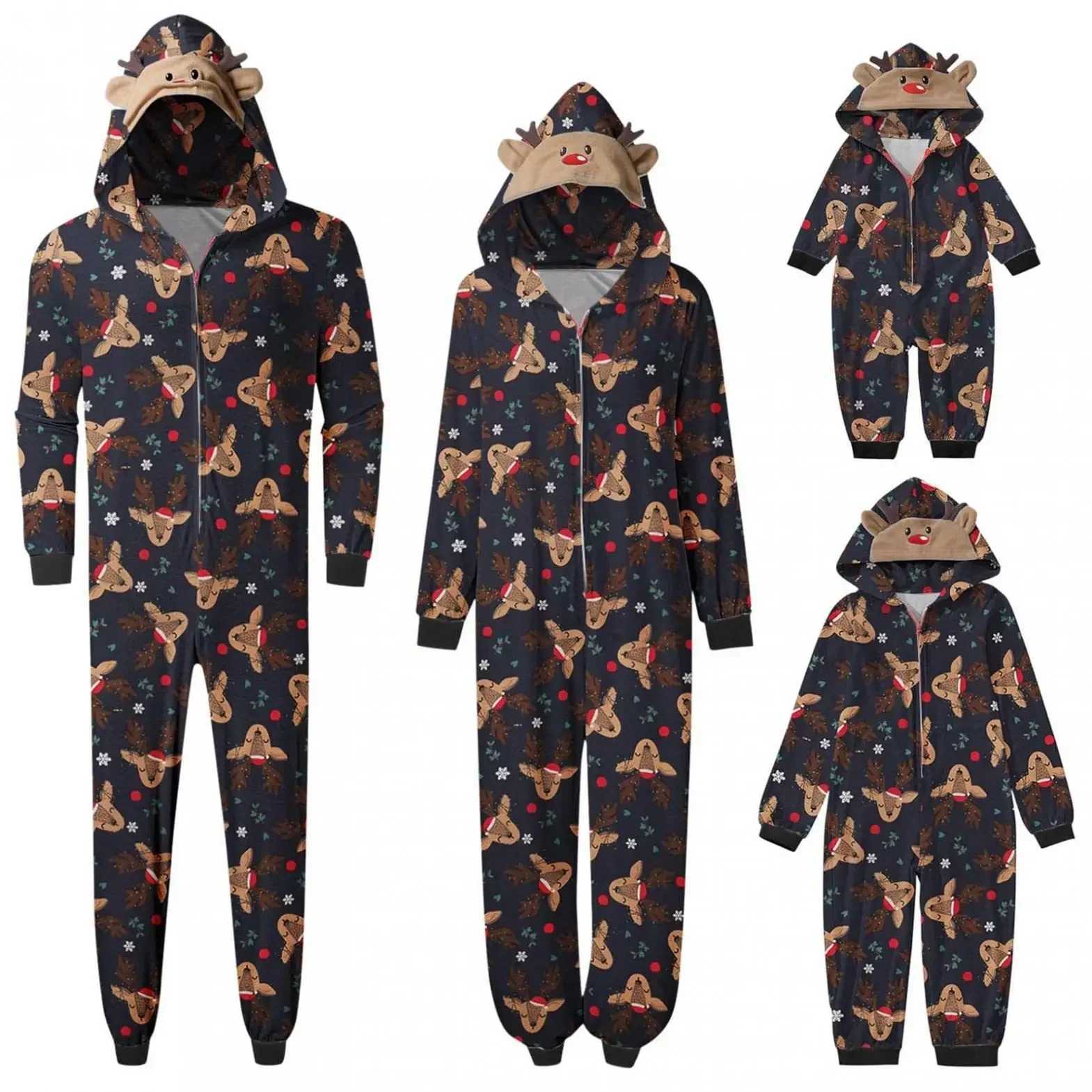 Christmas Family Pajamas Cute Deer Ear Hoodies Full Print Hoodies Mother Father Children Match Set Christmas Pajamas W241015