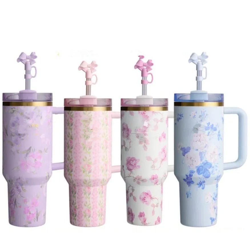 DHL LOVE Shack fancy H2.0 40oz TUMBLER Pink Rose Blue Magnolia Mug 80's Peaches N' CreamTumbler with Silicone Handle Lid and Straw Cups Mugs Target water bottles