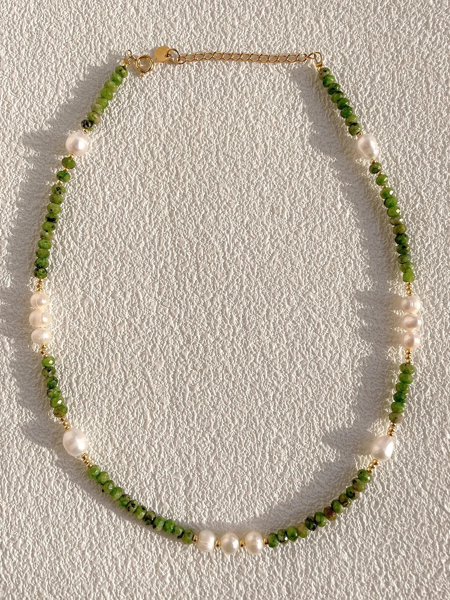 Natural freshwater pearl green natural stone necklace for women sweet and cool n bead pearl necklace 241017