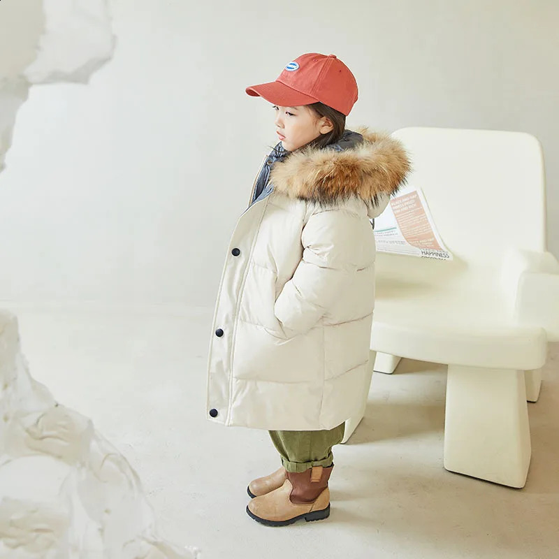 Kids Thicken Warm Down Coat Boys Winter Real Fur Hooded Long Parkas Girls Cotton Down Jackets Outerwears Teen Children Clothing 241008