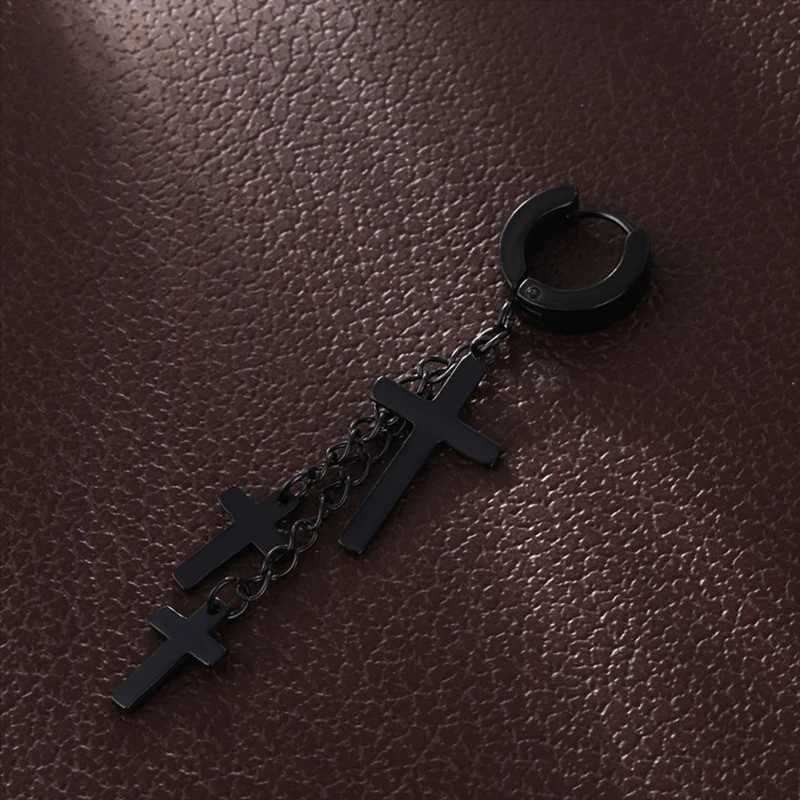 Kiss Jewelry Punk Titanium Steel 3 Cross Tassel Drip Earclip Stud Earnail Mens Silver Black Gothic Perforated Earring W241017