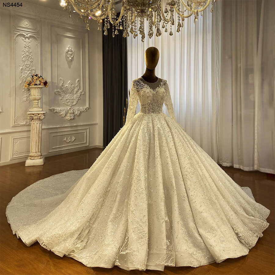 Long Sleeve Pearls Lace Wedding Dress