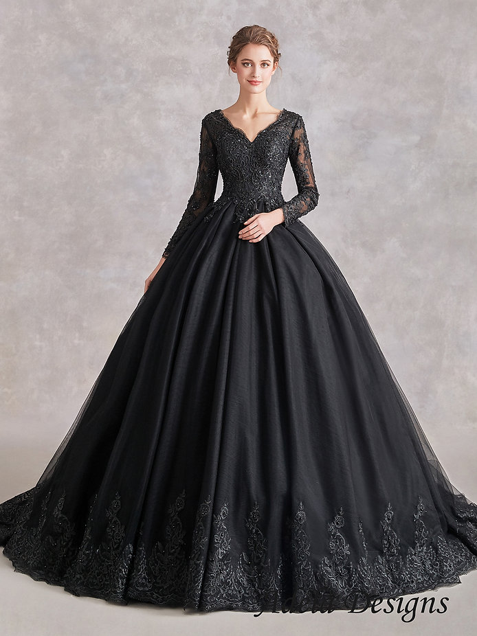 Black Vintage V Neck Long Sleeve A-Line Wedding Dresses Appliques Sweep Train Princess Wedding Gown Vestidos De Noiva