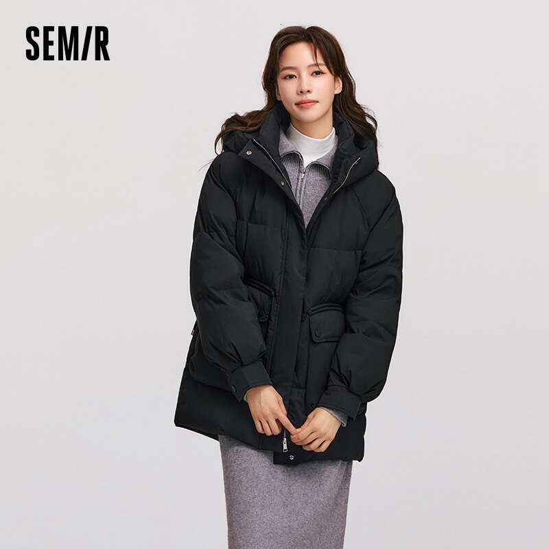 Semir Down Jacket Women Mid-Length Loose Raglan Sleeve Simple Warm Winter Three-Defense Hooded Coat