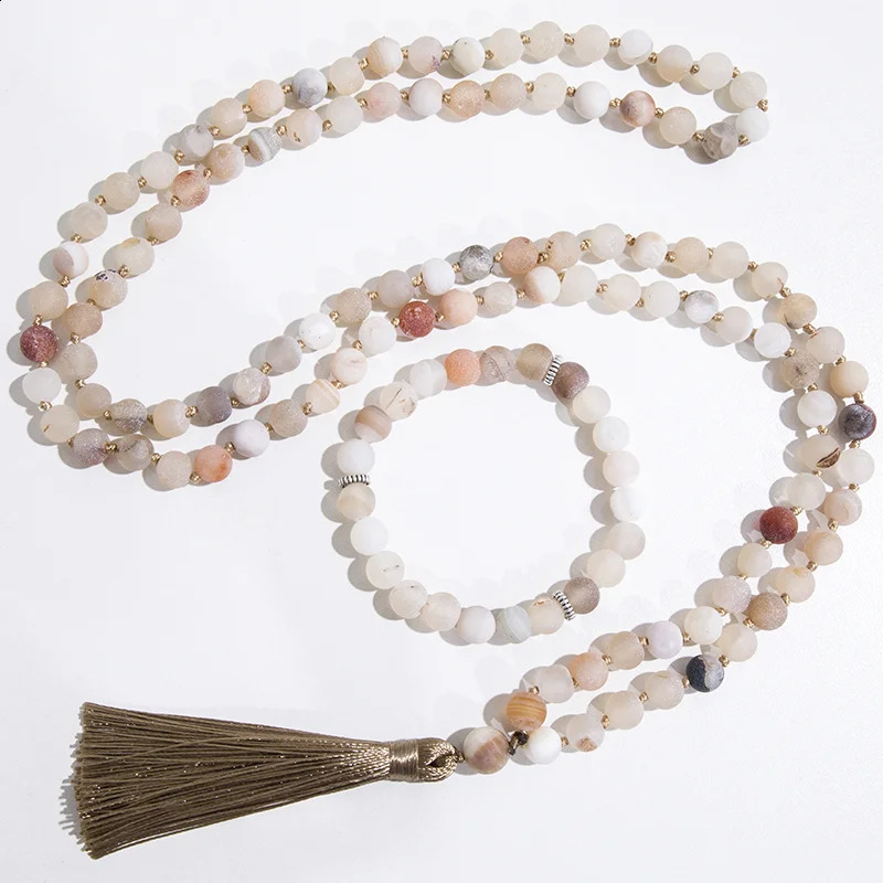 8mm Natural Open Smile Agate Bead Knot 108 Japanese Mara Necklace Meditation Yoga Bracelet Mara Saffron Rose Set 241017