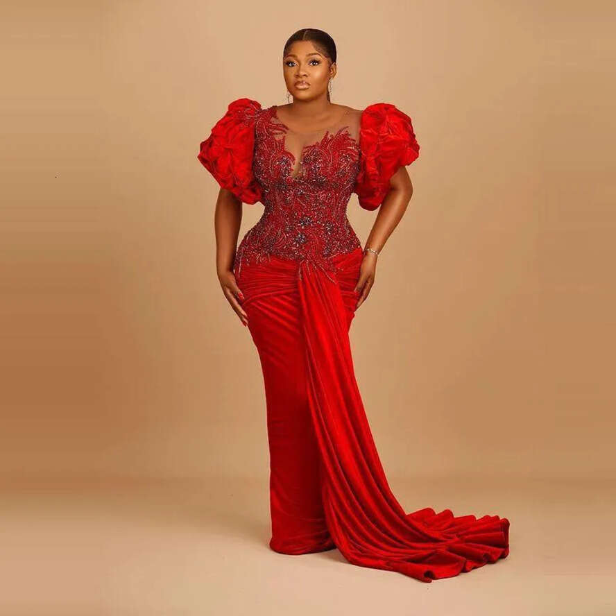 Dresses Red Veet Prom Wth Puffy Sleeves Sheer Neck Appliques Beafs African Women Aso Ebi Evening Dress Plus Size Vestidos Pro343