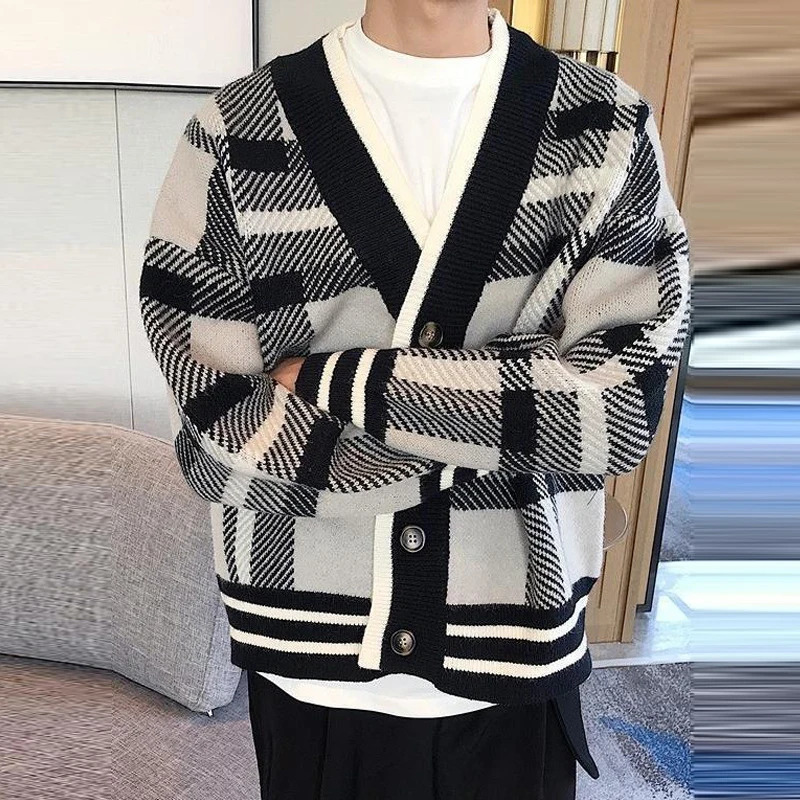 Autumn Mens Knitted Plaid Printed Buttons Cardigan Sweater Long Sleeve Streetwear Leisure Coat Fashion Check Knitwear 241017