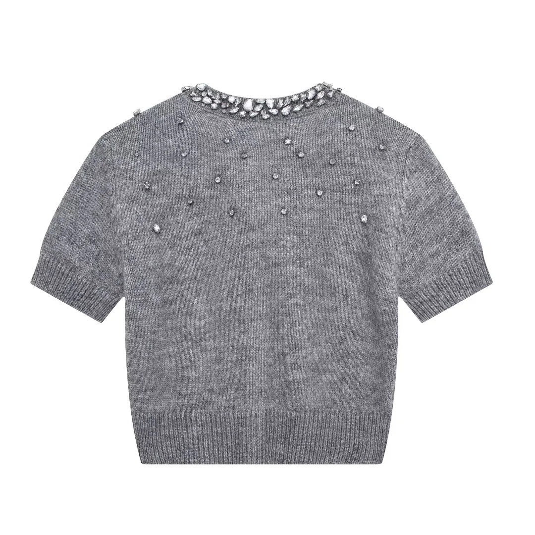 Cardigan Women's Sweater Pearl Knitted Tops Short Sleeve Knitwear With Button Jumpers Inszar Insz 2024 Sweter Damski Y2k Japan