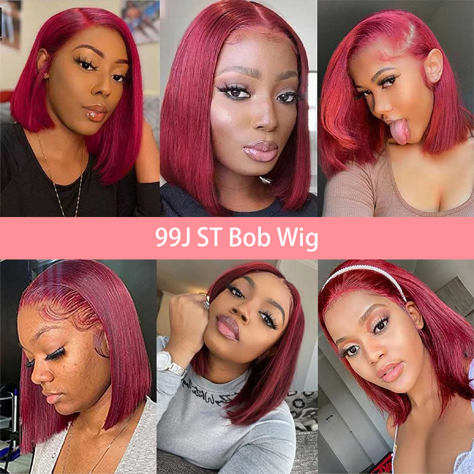 14 Inch 99J Bury Short Bob Human Hair Wigs 13X4 Red Straight Transparent Lace Front Wig Pre Plucked For Women 200% Density