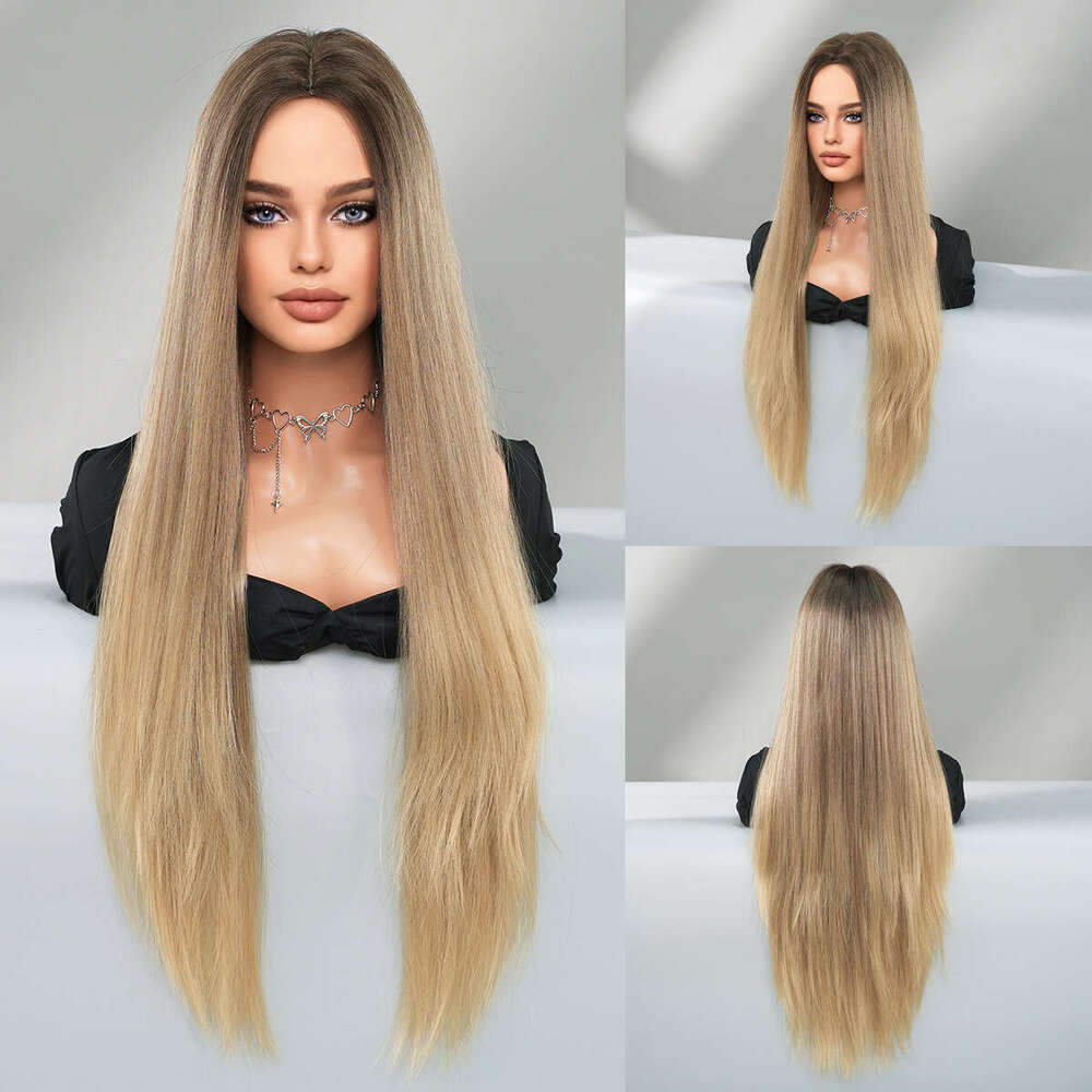 Blonde Women's Extra Long Medium Split Straight Hair Full Headset Nordic Natural Gold Gradually Changing Fiber Wig