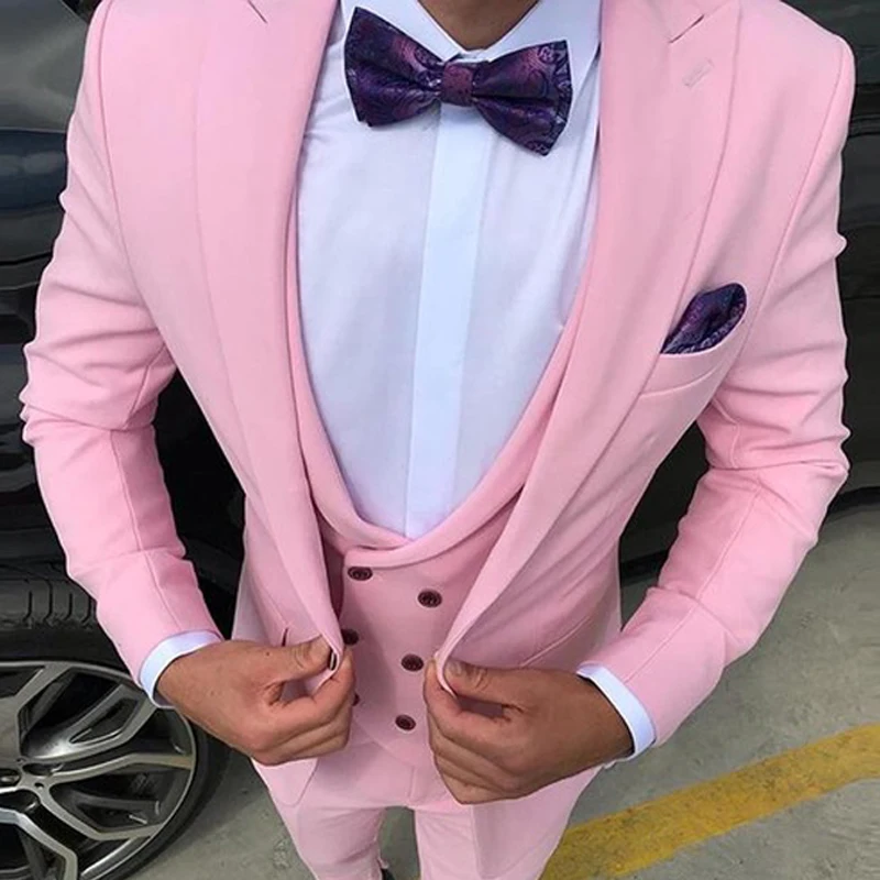 Pink Men Suits for Prom Slim Fit 2024 Wedding Groom Tuxedo 3 Piece Custom Male Fashion Blazer with Waistcoat Pants