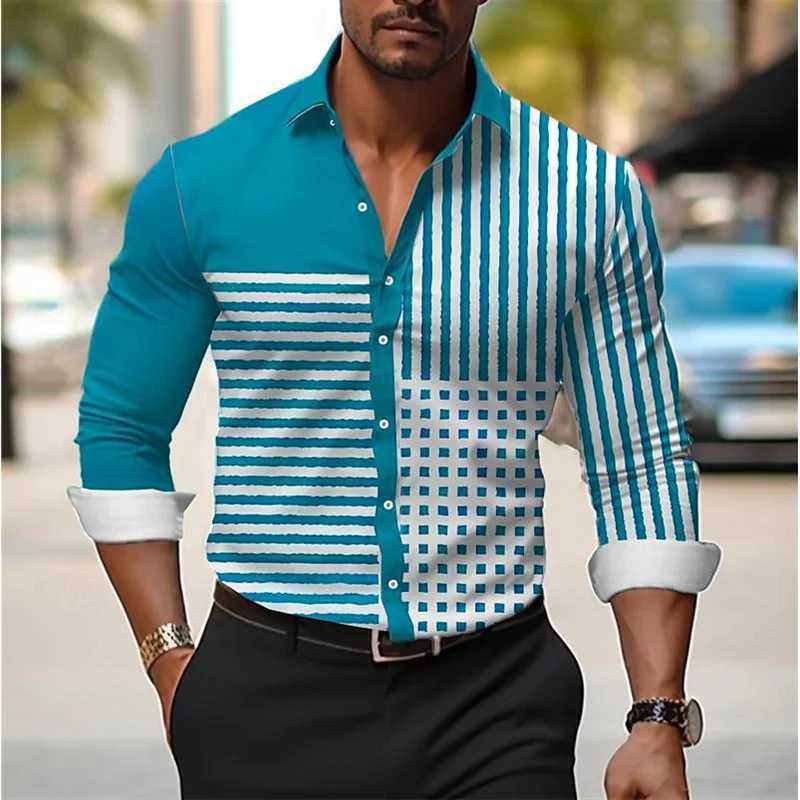 Mens 3D Line Plaid Shirt High Quality Lapel Long Sleeve Shirt Mens Social Shirt Luxury Clothing Slim Prom Oversized Shirt LX241017