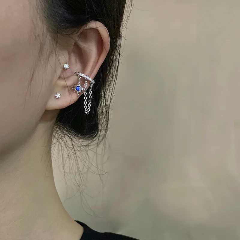 Winoneday 1 piece asymmetrical double chain womens earrings blue water droplet star CZ earrings cuffs fake earrings fashion jewelry W241017