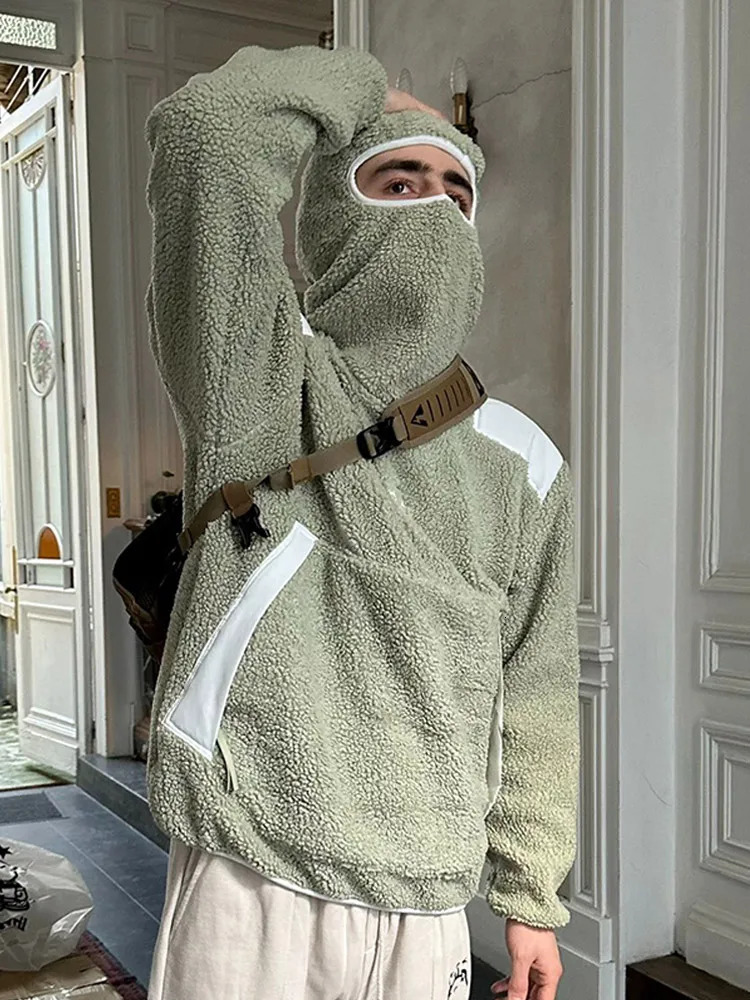 Fahion Contrast Mens Fleece Hoodies Autumn Thick Warm Lam Wool Turtleneck Hooded Pullover Male Embroidery Teddy Velvet Hoodie 241016