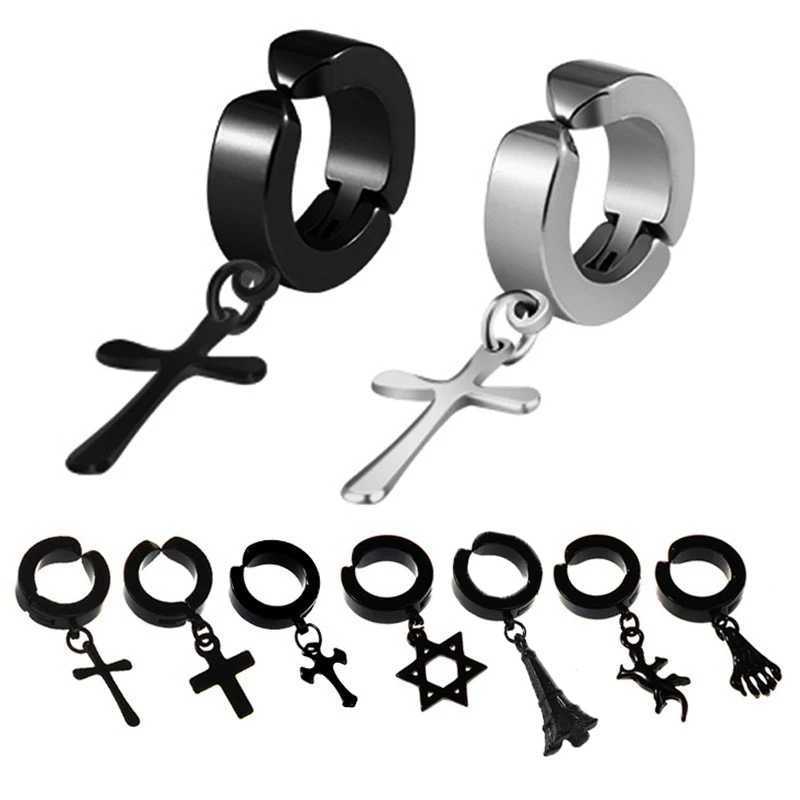 Gothic punk titanium steel cross earrings clip fashionable hip-hop cool black fake perforated cross pendant earrings mens jewelry gift W241017