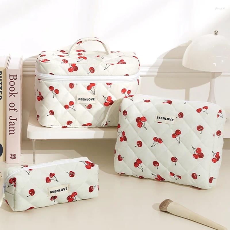 Free Shipping Cosmetic Bags 3pcs Aesthetic Organizer Set Quilted Cotton Sweet Women Makeup Pouch Cherry/heart Pattern Skincare Clutch Toiletry Bag