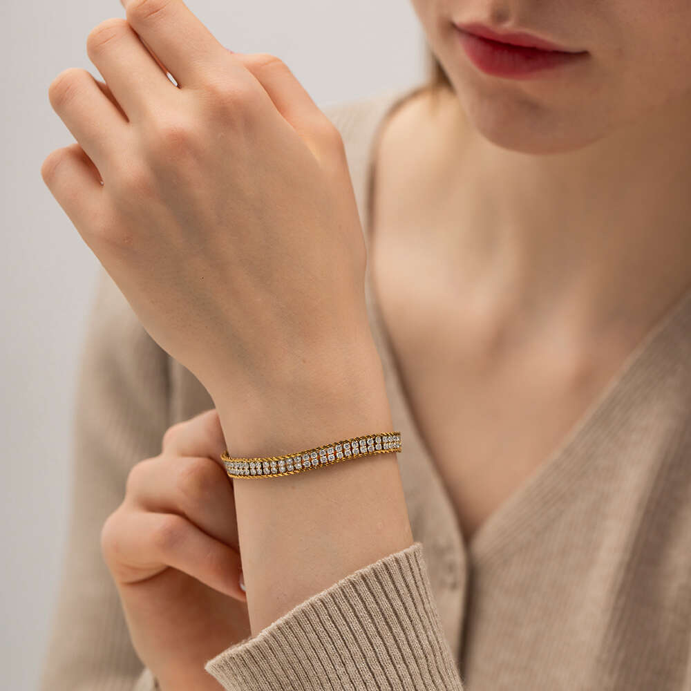Double Layer Stainless Inlaid Square Zircon gold bracelet For Women Design Waterproof Jewelry Vacation Gift links link bracelets