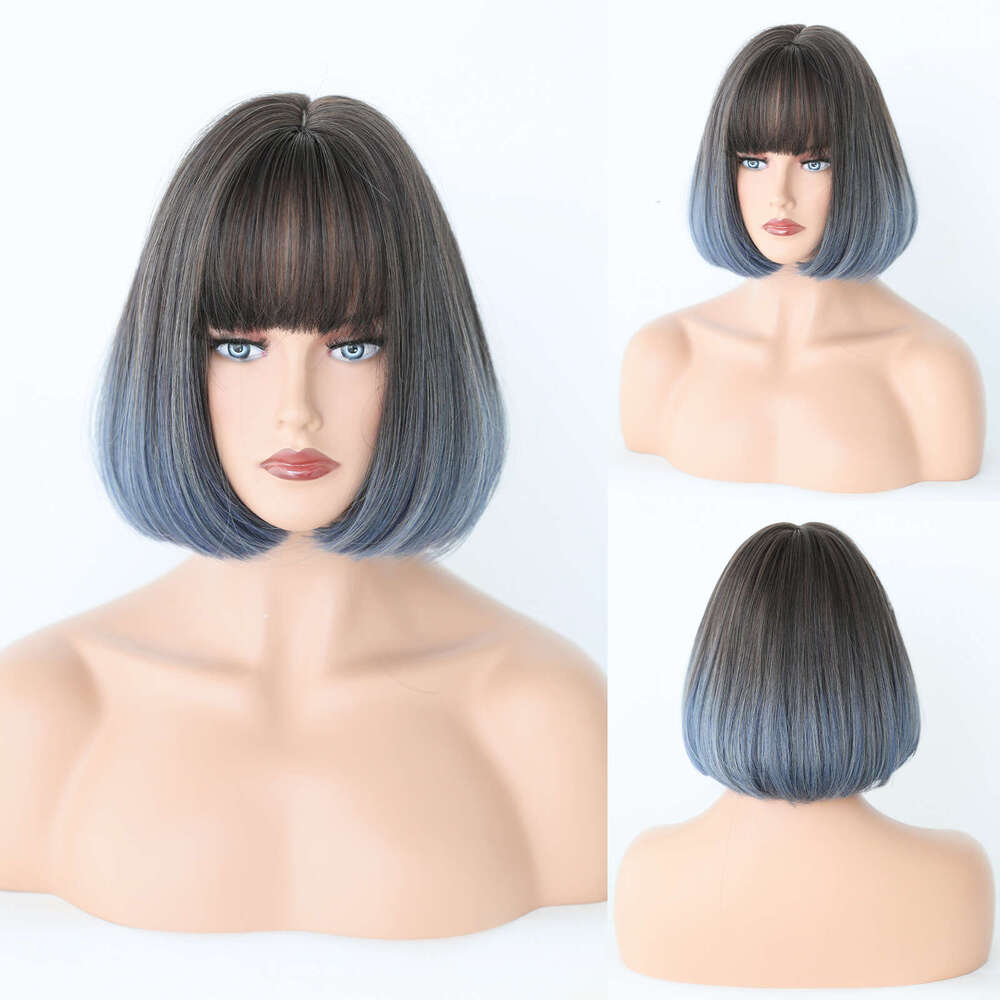 Wig For Women Short Straight Hair, BOB Head, Gradient Inward Button Wig, Headband With Bangs, Bob Head