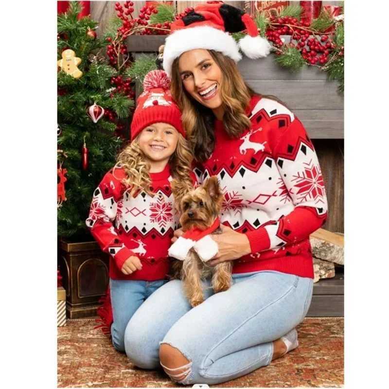 Christmas Family Sweater Mom Daughter Match Set Warm Thick Knitted Soft Jumper Mom and Me Clothes Pulling Christmas Appearance W241015