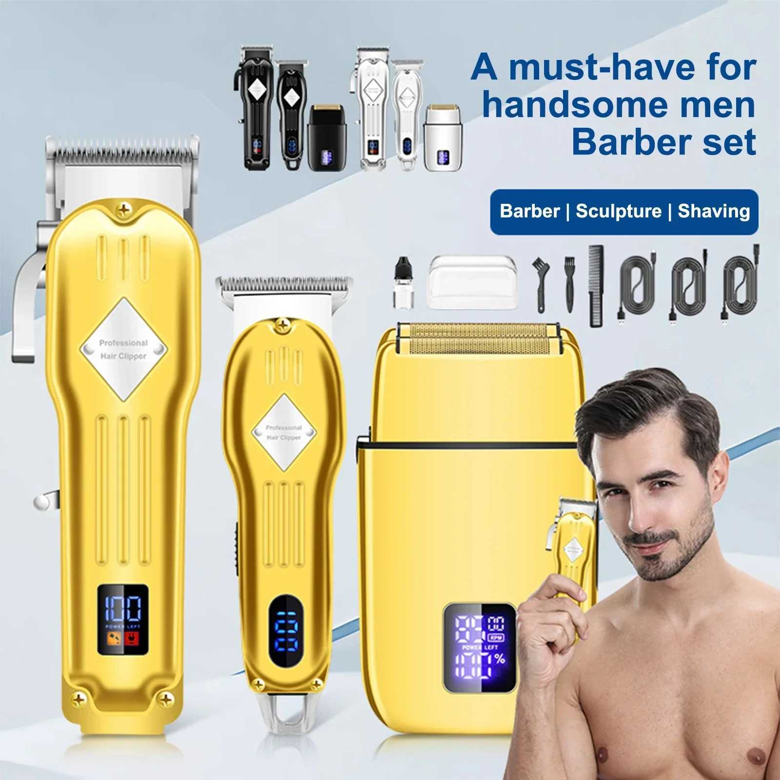 Mens Electric Hair Clipper Cordless Beard Trimmer Kit Bald Shaver Hair Clipper Kit Barber Hair Clipper with LCD Display 9 Guide Combs W241017