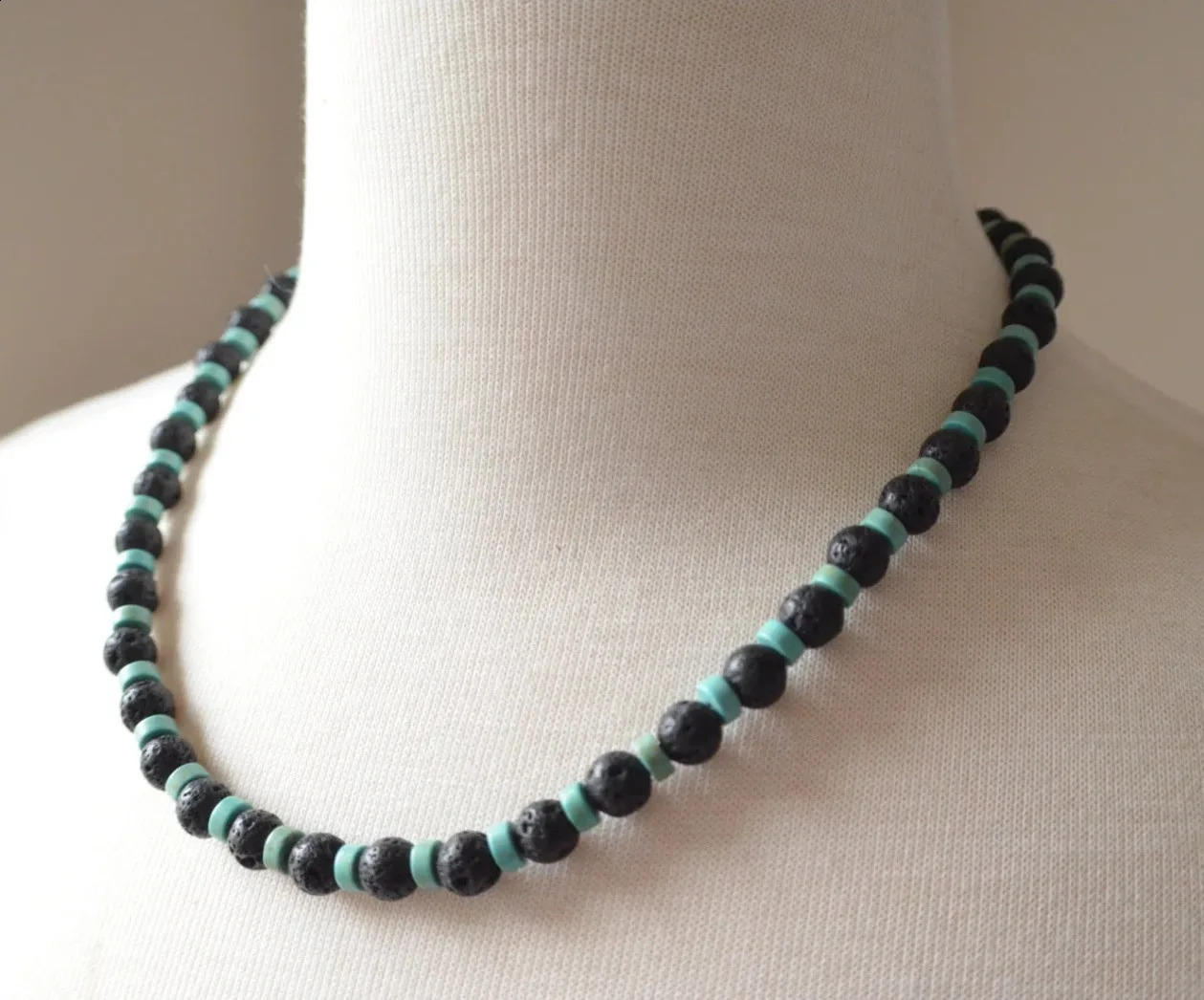 Mens necklace featuring natural coconut pearls white natural shell sea stone pearls and black wood pearls. Surfer necklace 241017