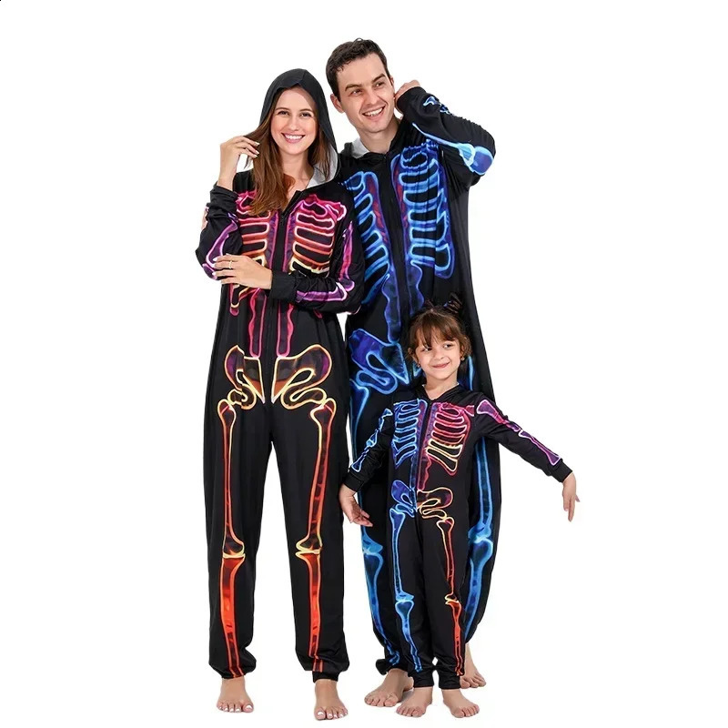 Family Halloween Matching Pajamas Parentchild Skeleton Print Clothes Zipper Hooded OnePiece Jumpsuit Look Pjs 241017