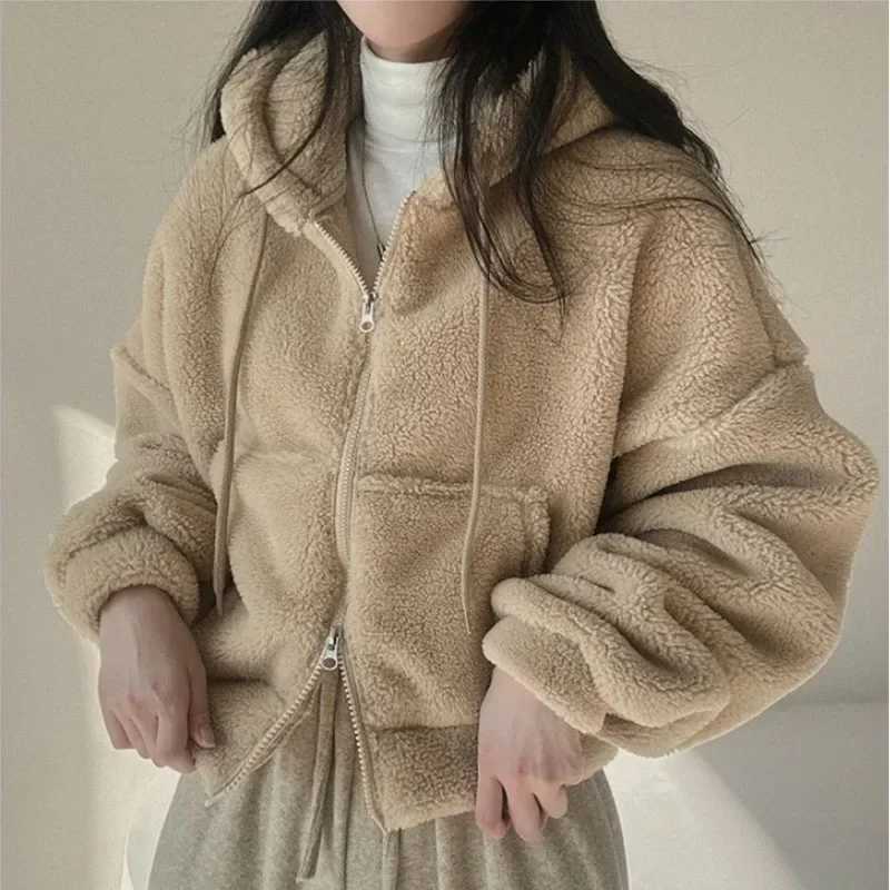 Women Lamb Fleece Hoodies Solid Color Autumn Winter Zipper Jackets Thicken Warm Hooded Coats Ladies Casual Plush OuterwearX241016