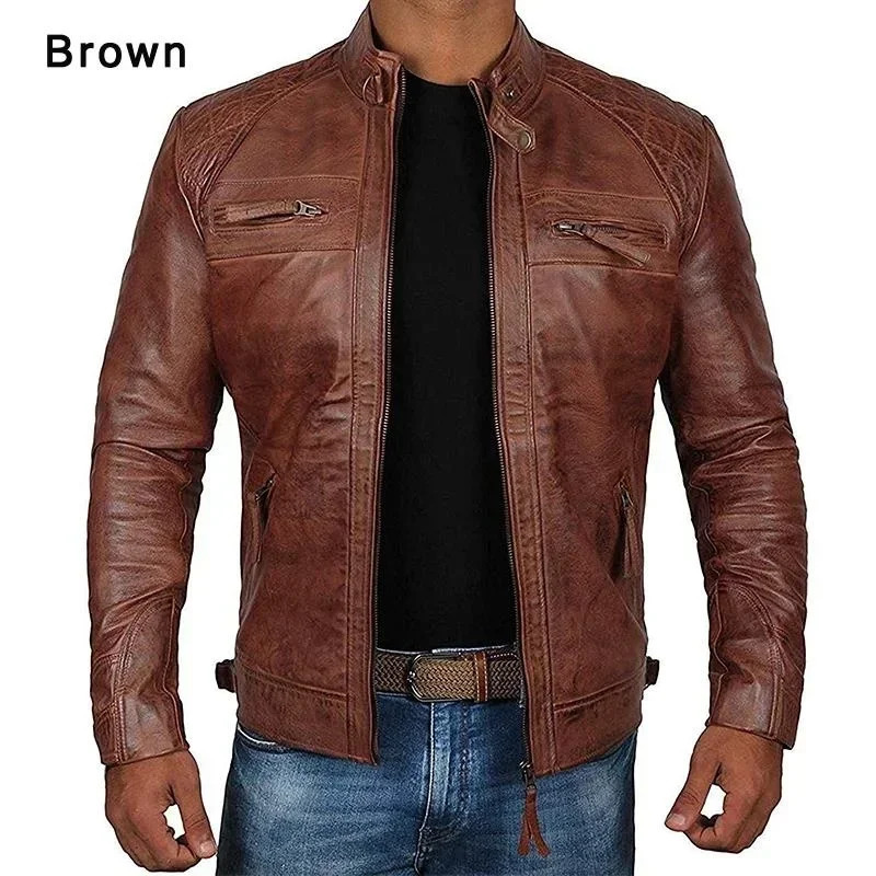 Plus Size Jacket S-5XL Mens Autumn Winter Leather Jacket Casual Stand Collar Motorcycle Biker Coat Zip Up Outwear 241017