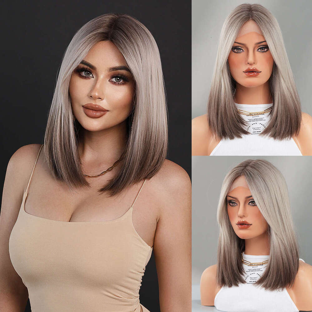 Small T Wig Pink Gradient Brown Short Straight Hair Medium Differentiated Fiber High Temperature Silk Bob Lace Front Wigs