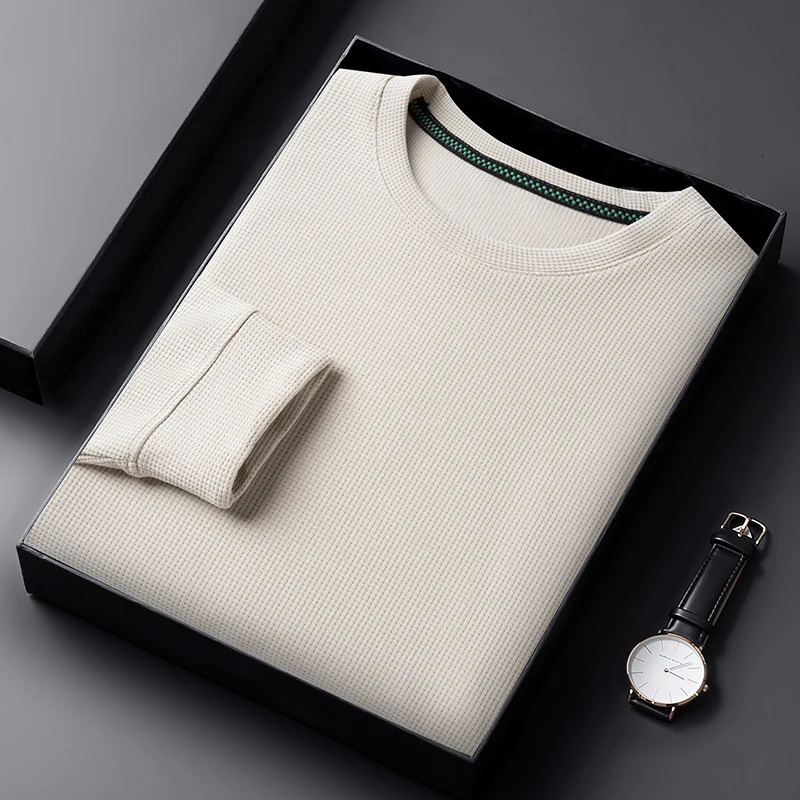 Mens Casual Waffle Round Neck T-shirt Breathable Comfortable and Fashionable Long Sleeved T-shirt 241017