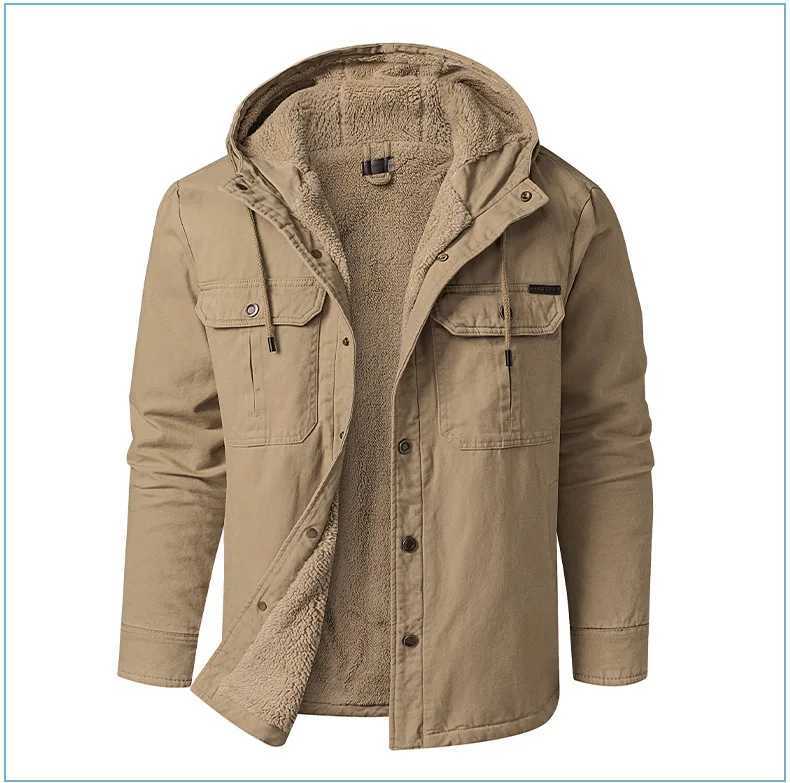 Winter Mens Jacket Lining Lamb Wool Warm Hooded Cotton Shirt Thickened Shirt High Quality Warm Parka Winter Jacket US SizeXJ241017