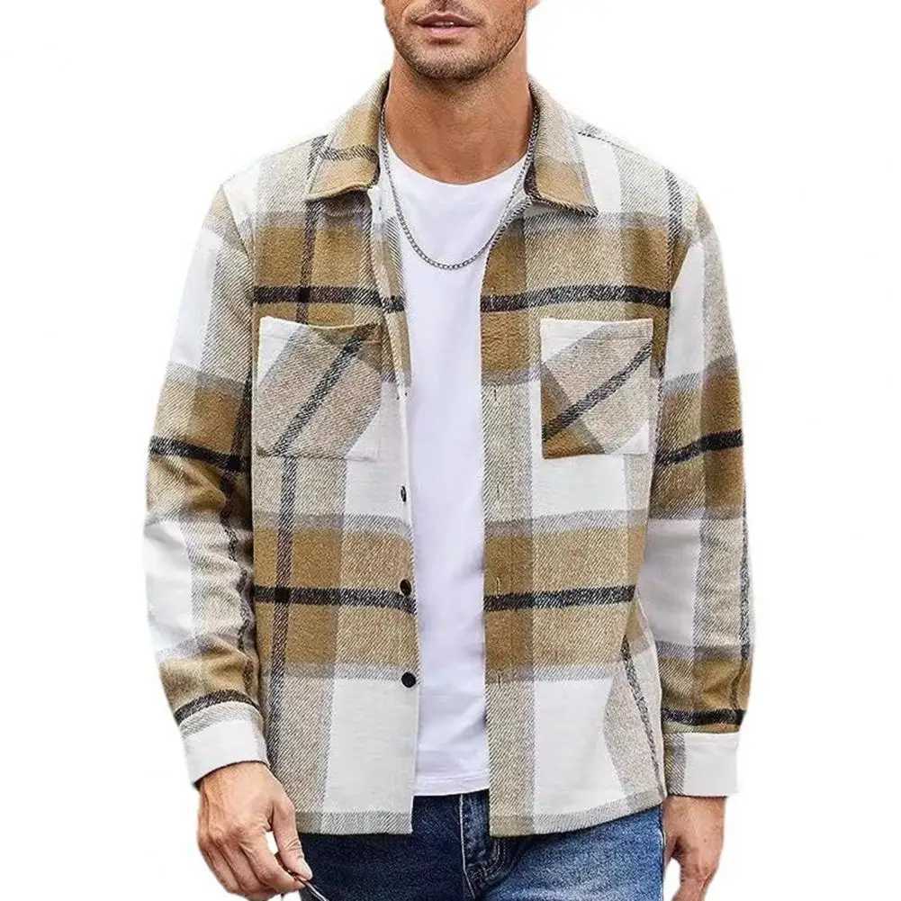 Men Vintage Shirt Jacket Mens Plaid Print Shirt Coat Casual Button Down Jacket with Long Sleeve Fleece Shacket for Autumn LX241017