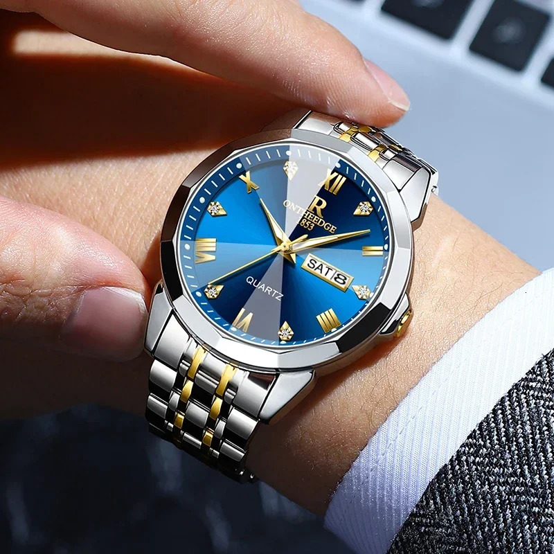 y Mens Watch Fashion Diamond Mirror Quartz Waterproof Luminous Date Week Stainless Steel 241009